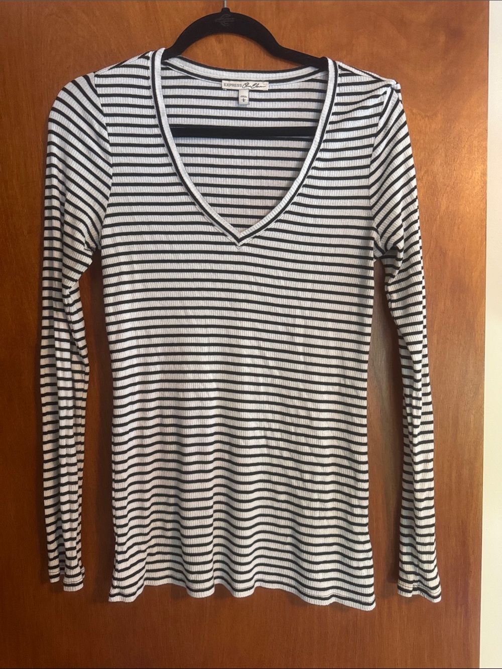 Express Black and White Striped V-Neck Long Sleeve Top